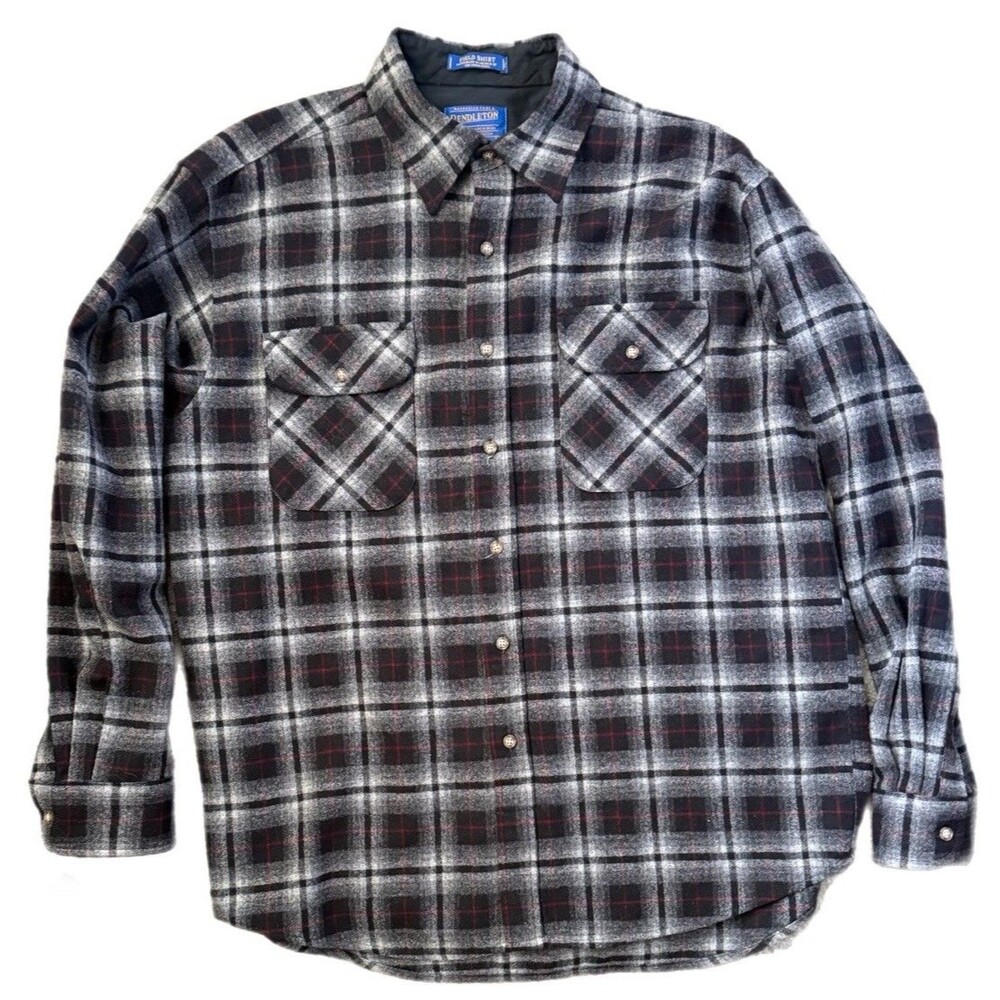 Pendleton Wool Field Shirt Plaid Black Gray Red Men's Size Large